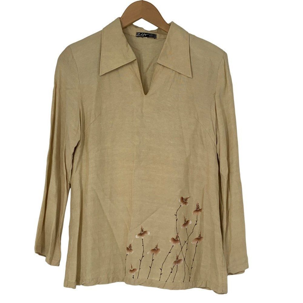 VTG Linen Top Hand Made & Painted Long Sleeve Tan Folk Art S/M 3840